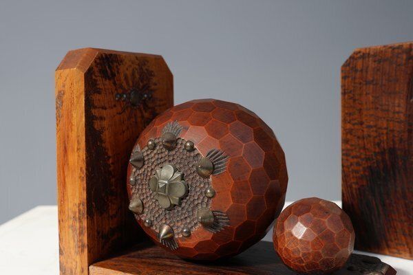 Art Deco Faceted Ball Bookends In Oak With Metal Decorations, 1920, Set Of 2 photo Home Decor