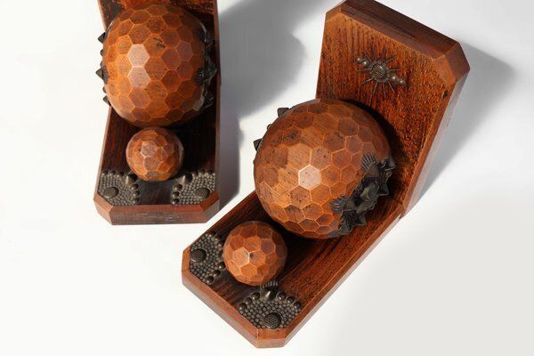 Art Deco Faceted Ball Bookends In Oak With Metal Decorations, 1920, Set Of 2 photo buy