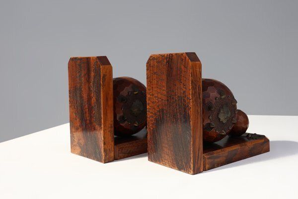 Home Decor Art Deco Faceted Ball Bookends In Oak With Metal Decorations, 1920, Set Of 2 photo
