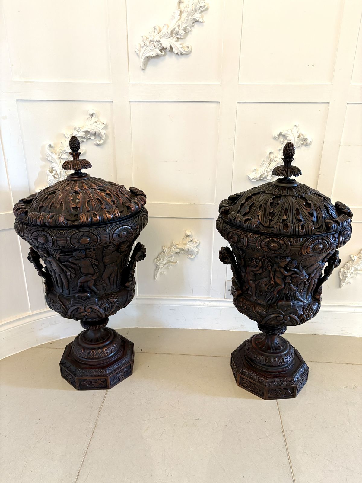 Large Magnificent Antique Pair Of Carved Mahogany Urns