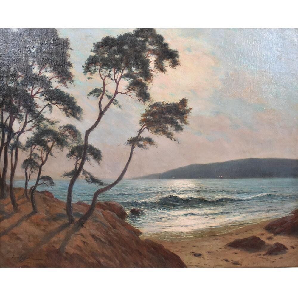 Antique Landscape Painting, Seascape Painting, Harbour With Sunset, Oil On Canvas, 20th Century. (Qm650) photo for sale