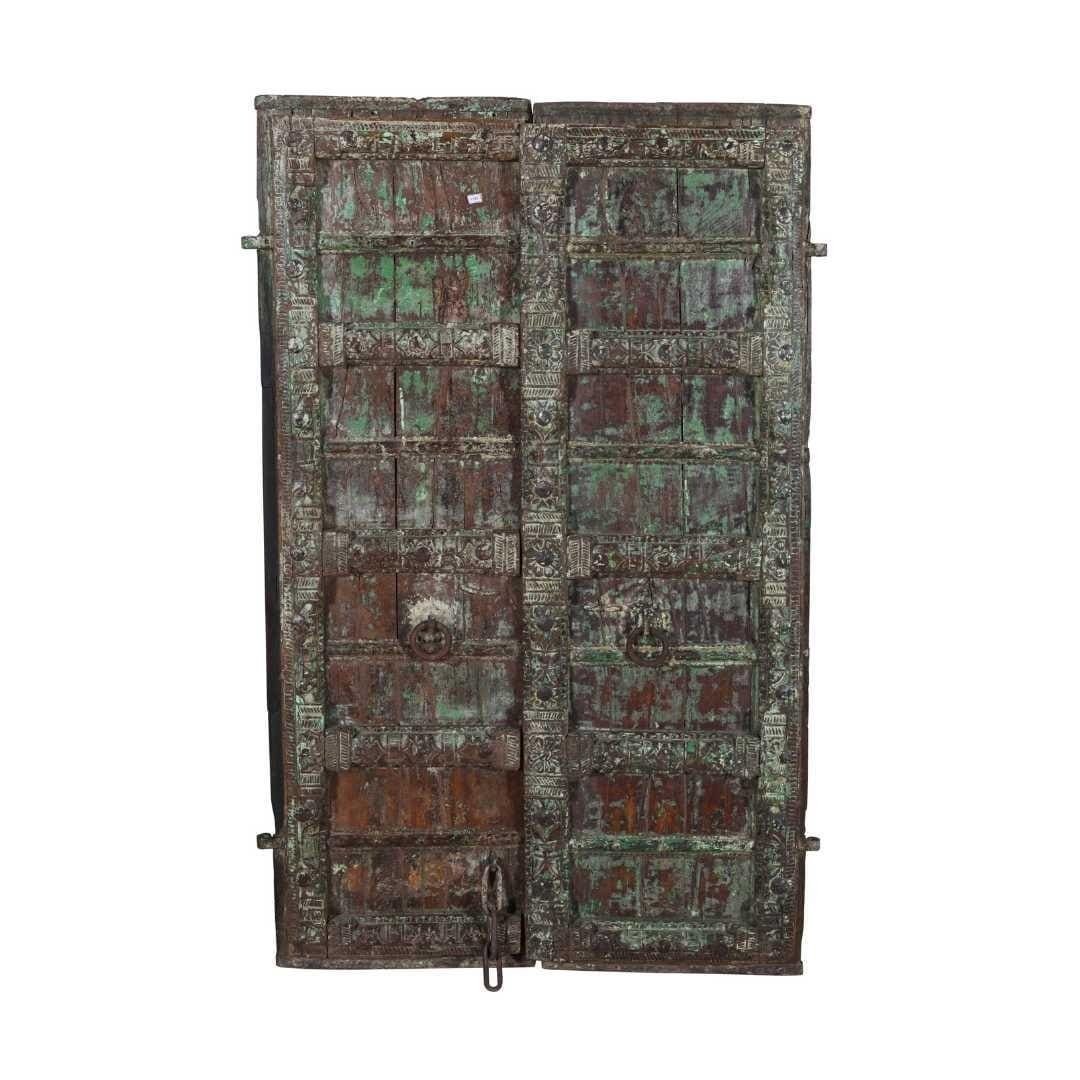 Large Antique Indian Teak Havelli Doors – 19thc Green Patina, Hand Carved, Gujarat Salvage, 160x97cm