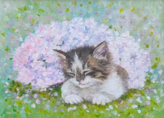 New Original Framed Painting Kitten Cat Floral Hydrangeas  Andi J Lucas photo furniture