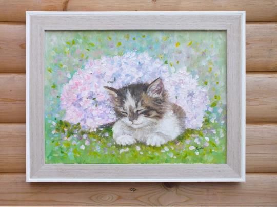 New Original Framed Painting Kitten Cat Floral Hydrangeas  Andi J Lucas photo Art