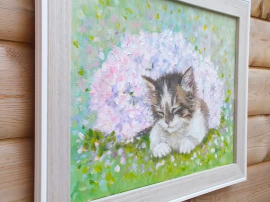 New Original Framed Painting Kitten Cat Floral Hydrangeas  Andi J Lucas photo vinterior