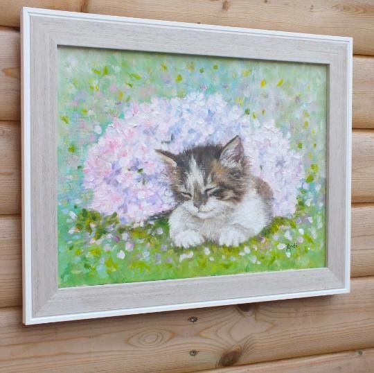 New Original Framed Painting Kitten Cat Floral Hydrangeas  Andi J Lucas photo buy