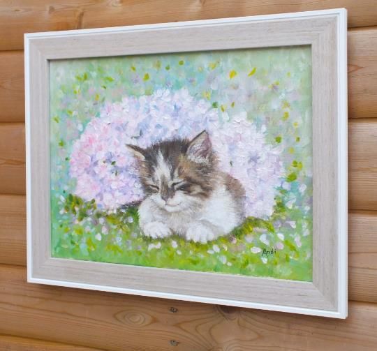New Original Framed Painting Kitten Cat Floral Hydrangeas  Andi J Lucas photo vintage