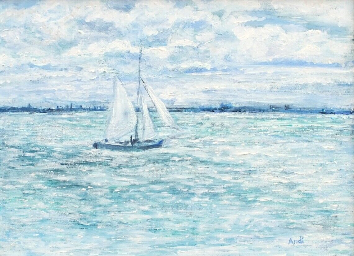 New Original Framed Signed Seascape Painting Normandy Coast France  Andi Lucas photo furniture