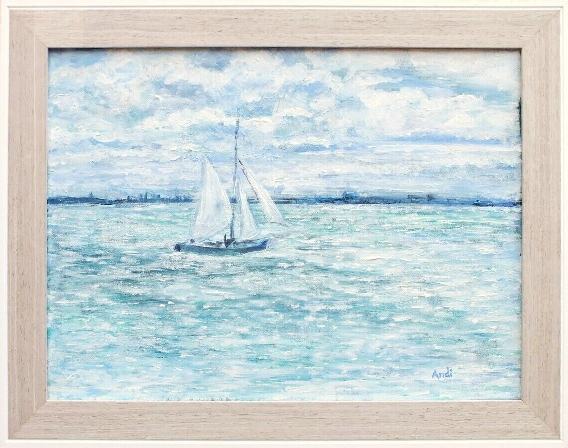 New Original Framed Signed Seascape Painting Normandy Coast France  Andi Lucas photo vintage