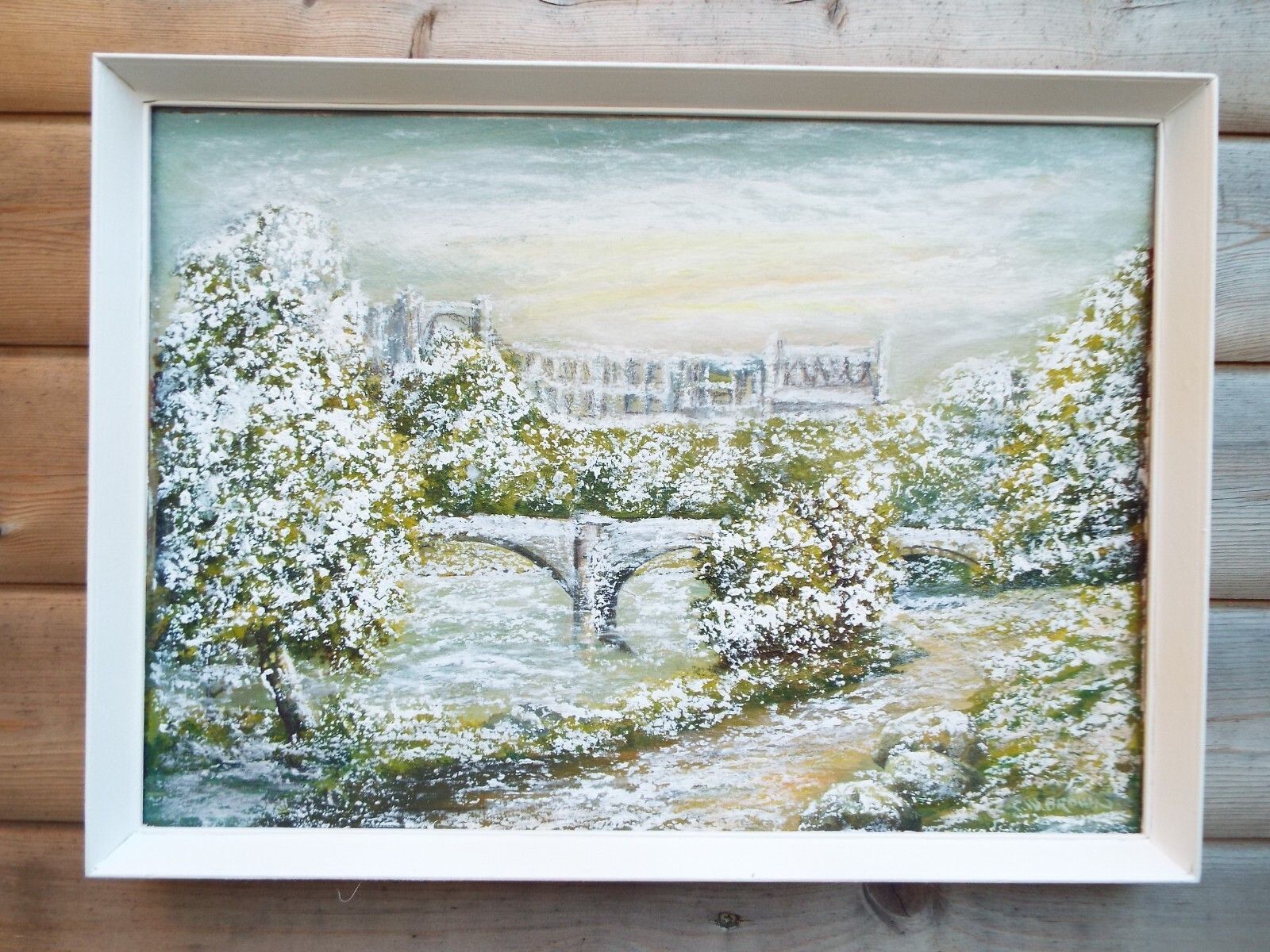Vintage Framed Oil Painting English Castle  River Winter Landscape  Snow Scene