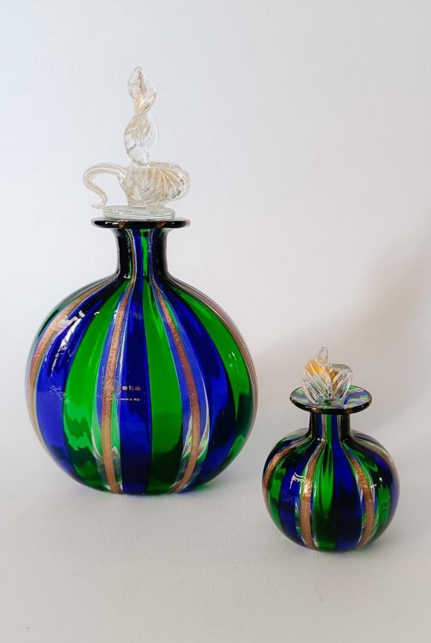 Pair Of Murano Glass Bottles Blown Reticello Blue Green Gold Vintage Zeta Design