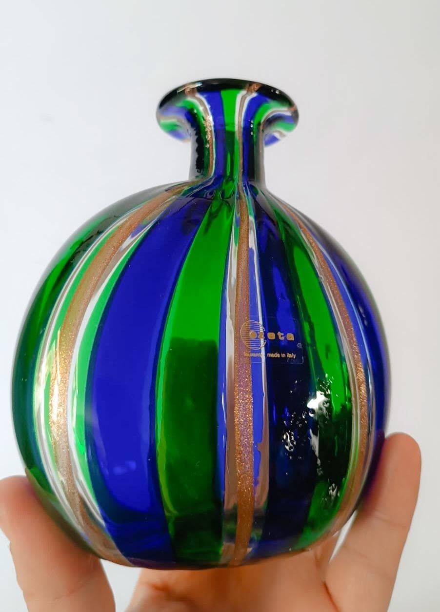 Pair Of Murano Glass Bottles Blown Reticello Blue Green Gold Vintage Zeta Design photo vintage
