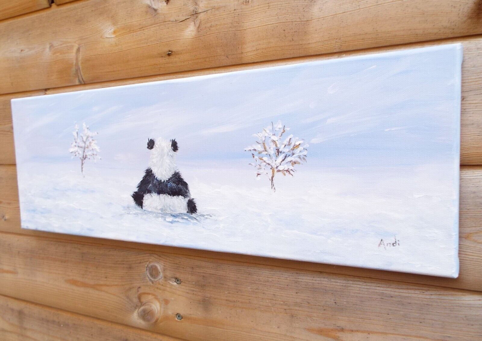 Original Signed Painting Panda Winter Landscape Snow Scene 20x60cm Andi J Lucas photo for sale
