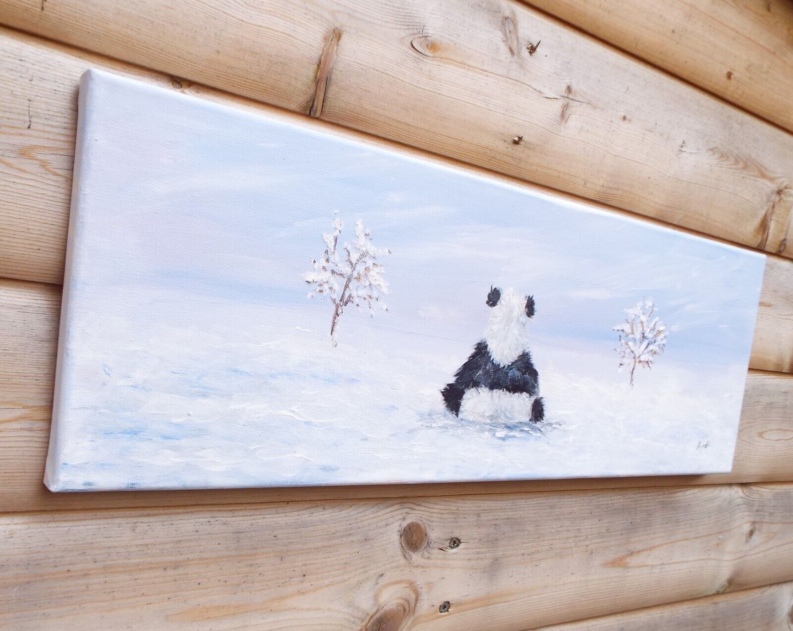Original Signed Painting Panda Winter Landscape Snow Scene 20x60cm Andi J Lucas photo Art