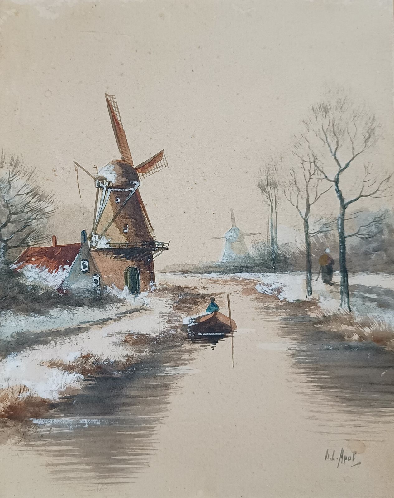 Antique Dutch Watercolour Painting Windmills Dutch Canal In Wintertime Artist Signed Unframed Art. photo vinterior