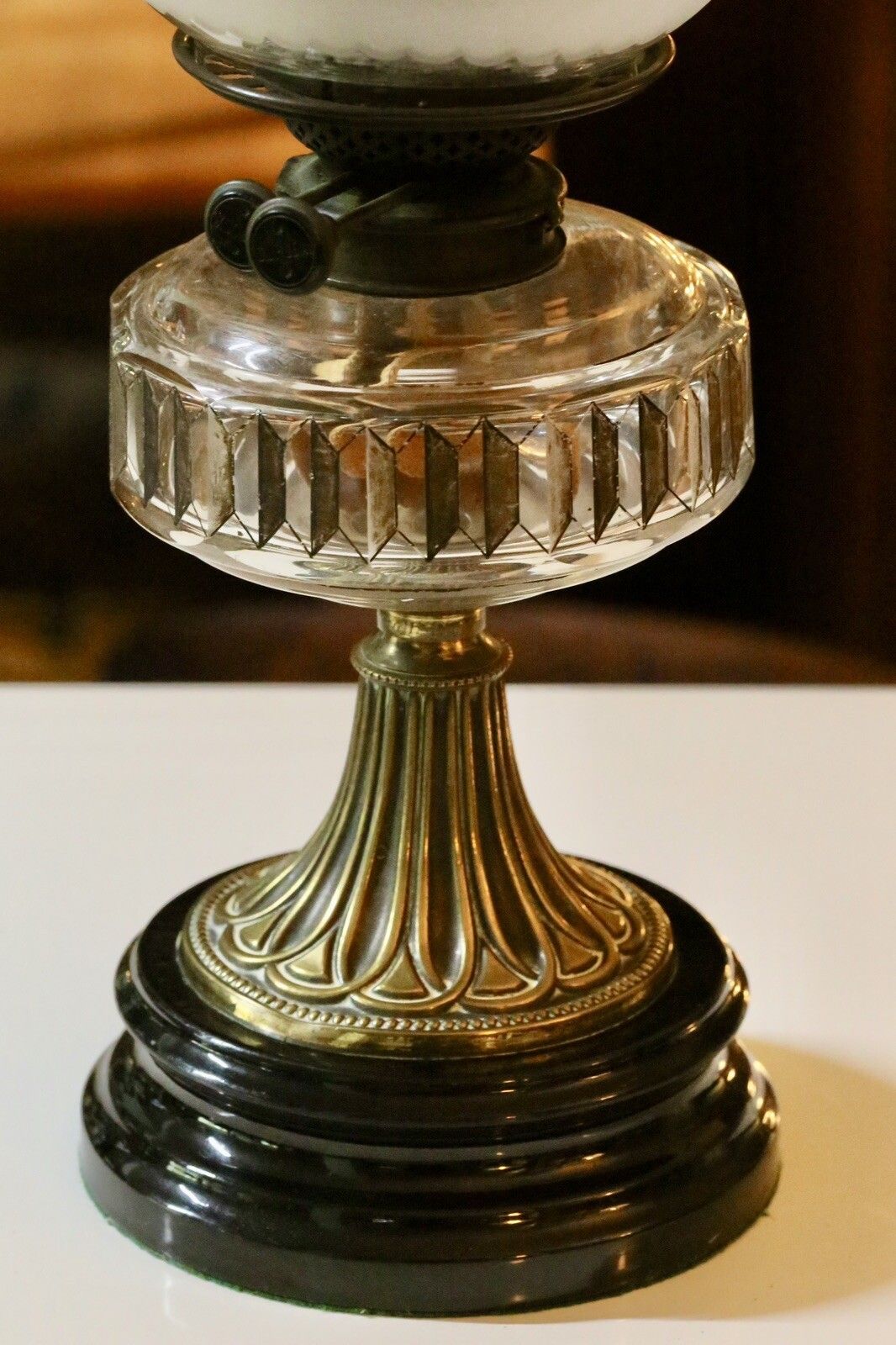 Victorian Art Nouveau Brass Oil Lamp With Crystal Glass Reservoir photo Lighting