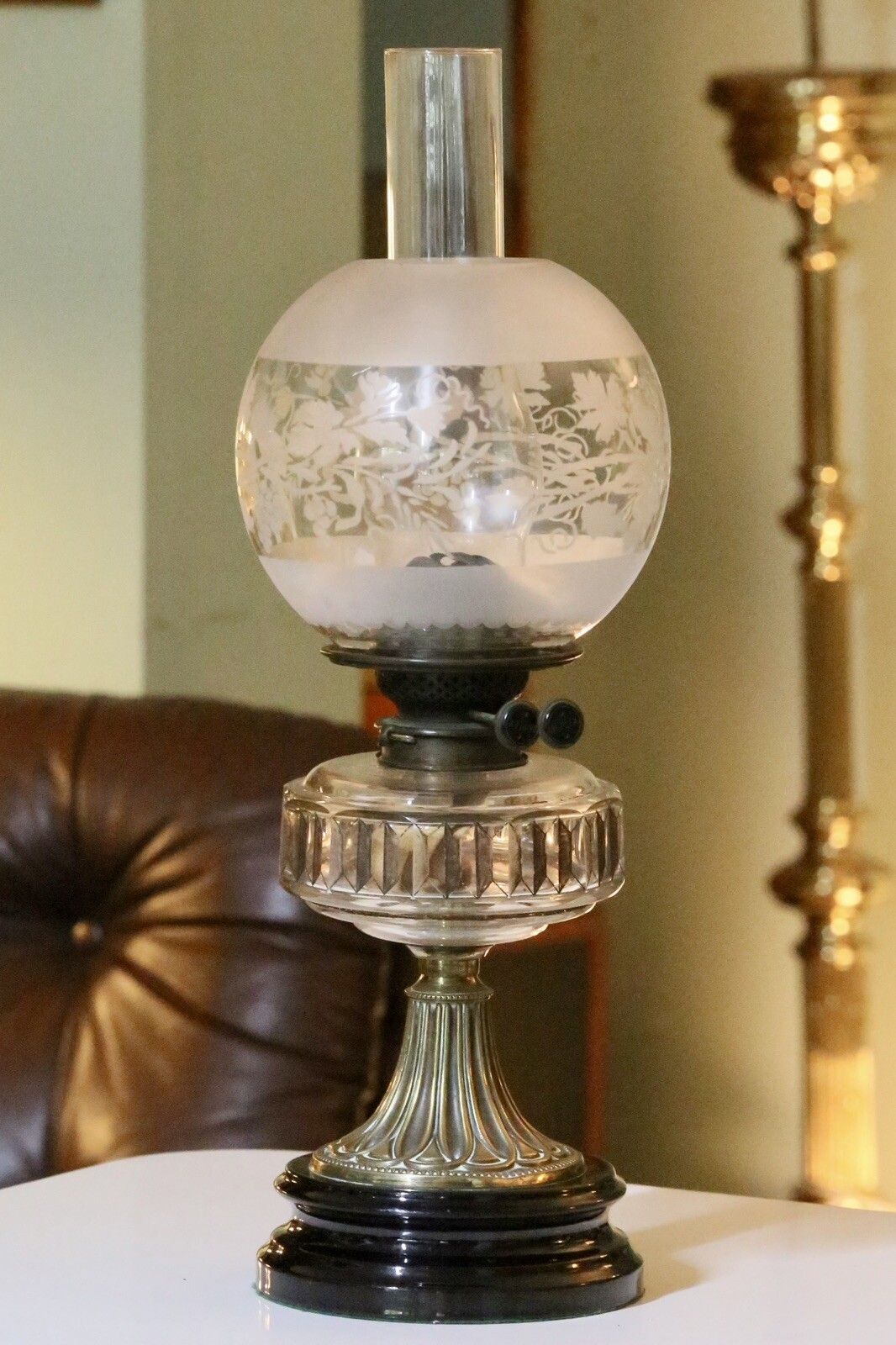 Lighting Victorian Art Nouveau Brass Oil Lamp With Crystal Glass Reservoir photo