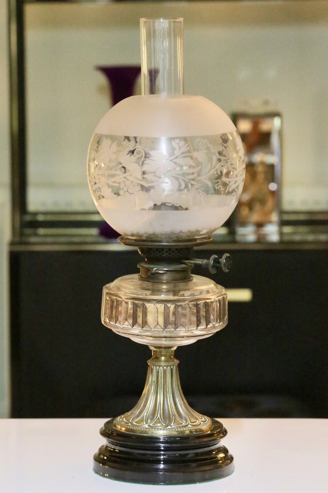 300.0 Victorian Art Nouveau Brass Oil Lamp With Crystal Glass Reservoir photo