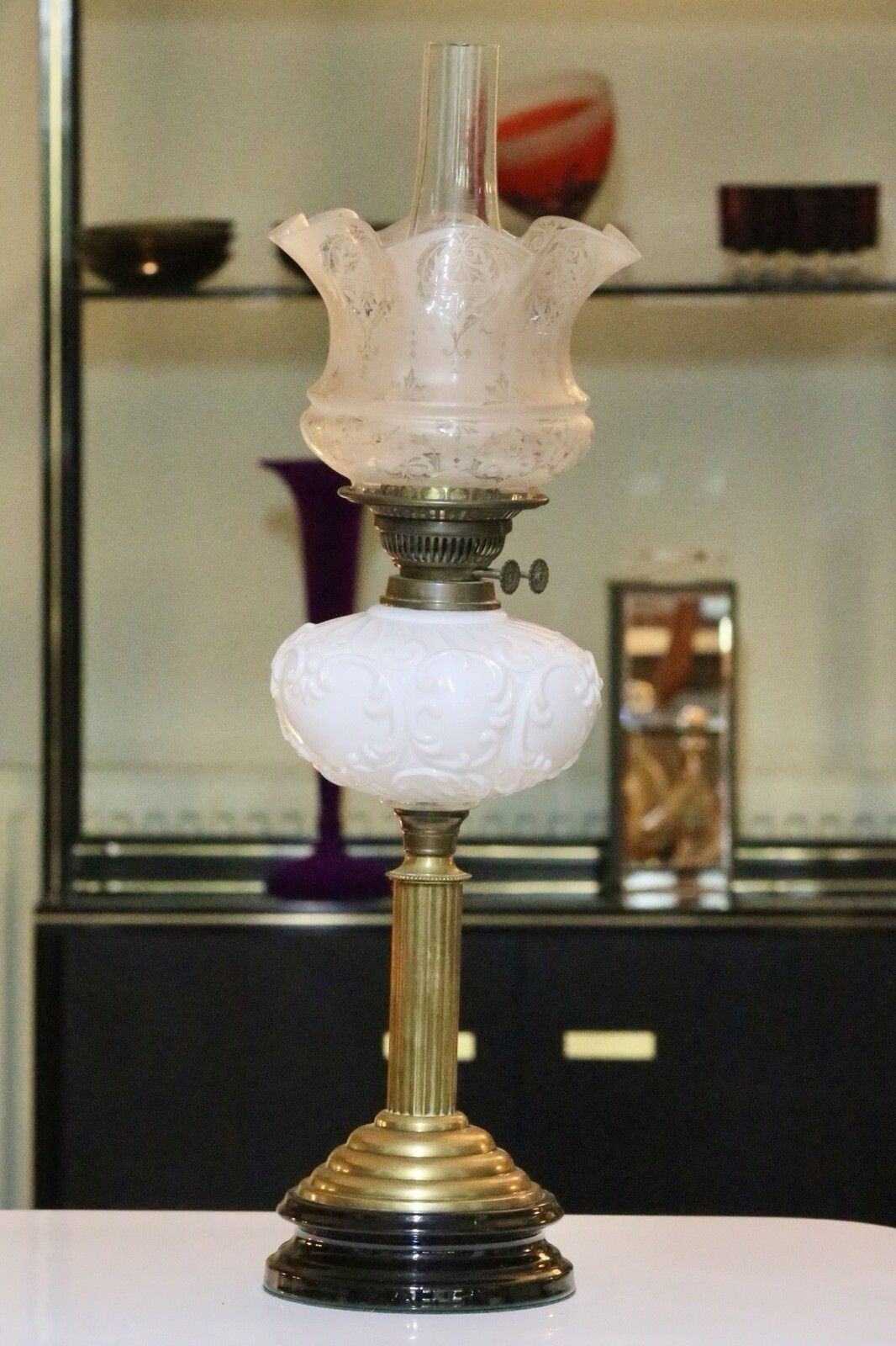 Fine Victorian Art Nouveau Brass Oil Lamp With Milk Glass Reservoir photo Lighting