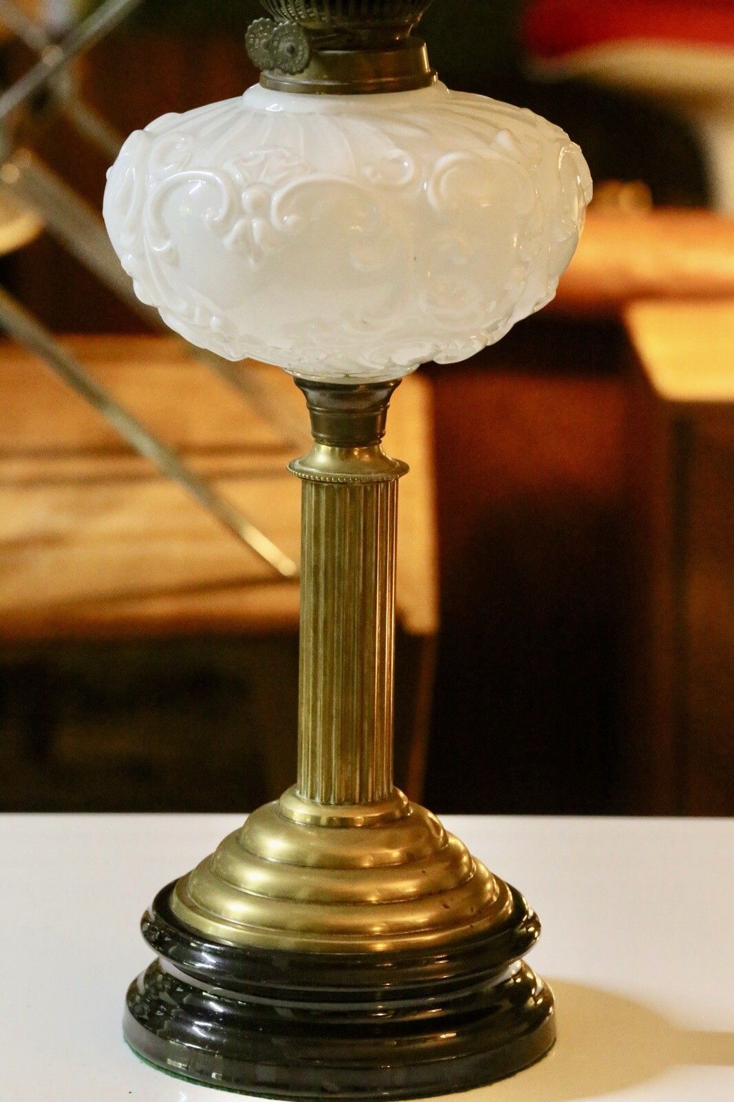 Fine Victorian Art Nouveau Brass Oil Lamp With Milk Glass Reservoir photo 300.0