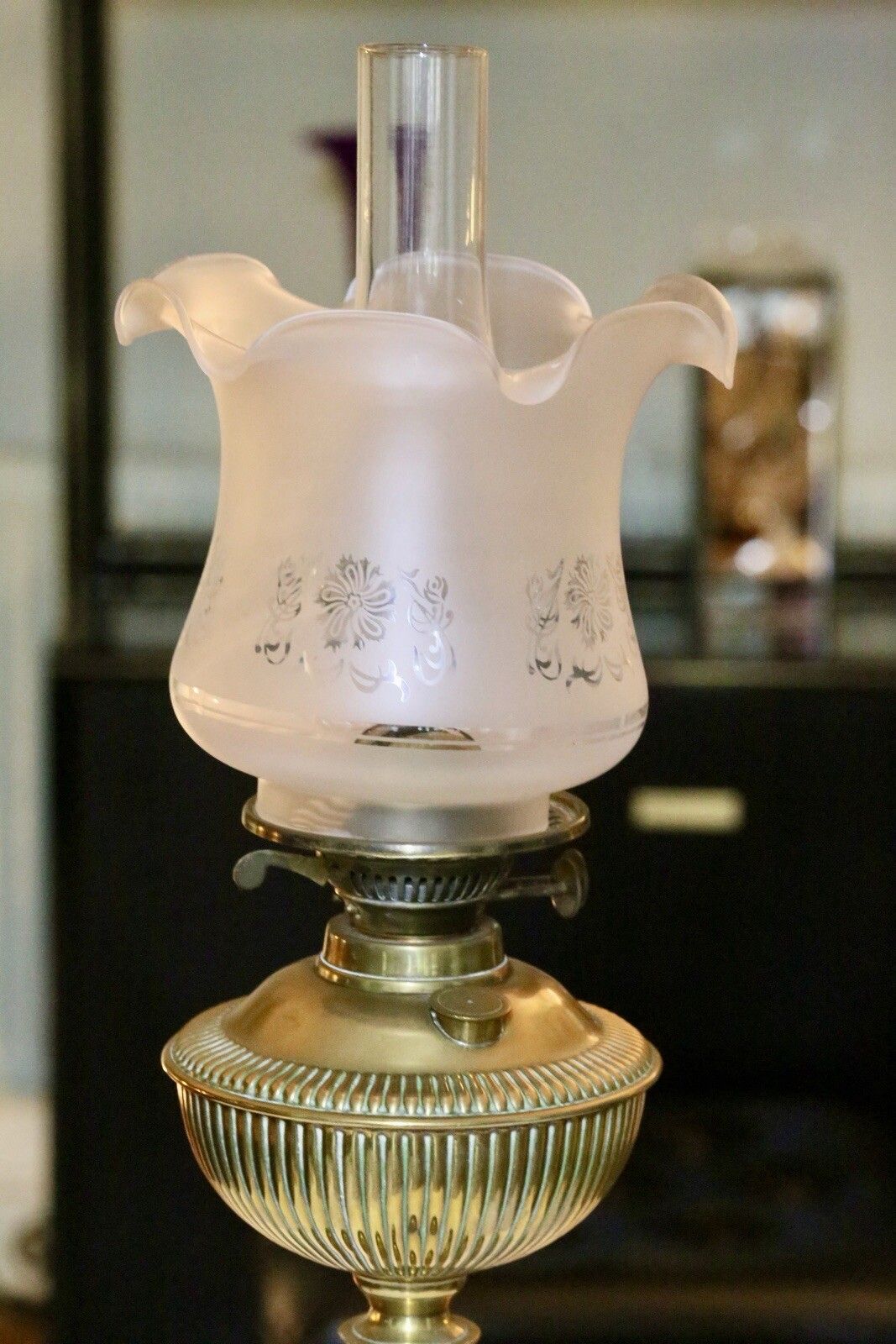 Fine Victorian Art Nouveau Brass Oil Lamp With Milk Glass Reservoir photo vintage