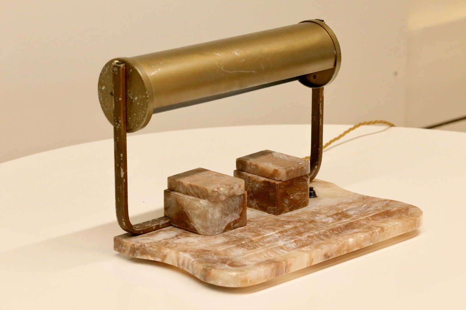 Art Deco Alabaster & Brass Desk Lamp With Ink Stand
