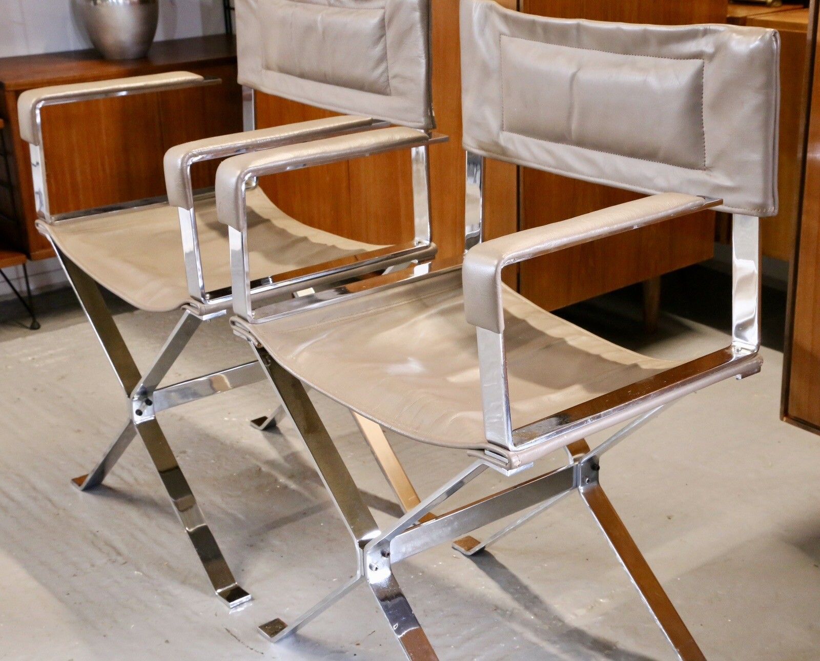 Pair Alessandro Albrizzi Designed Italian Chrome & Leather Director's Armchairs photo vintage