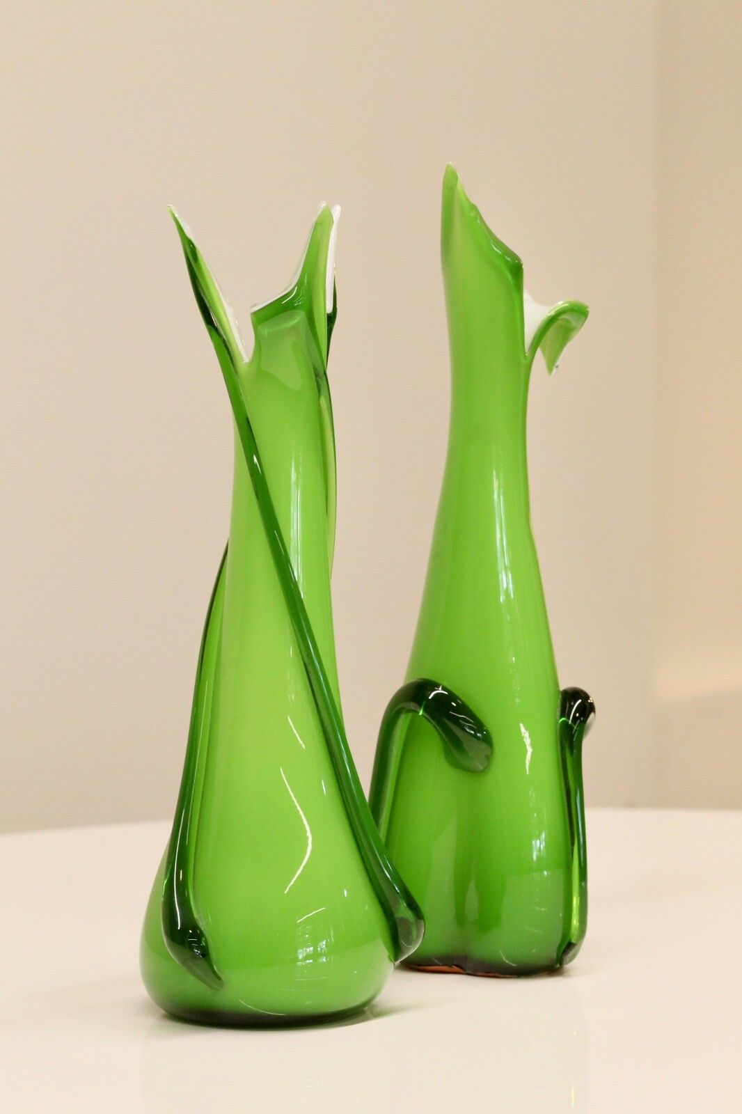 Pair Cristalleria Fratelli Betti / Alrose Italian Empoli Green Art Glass Vases photo furniture