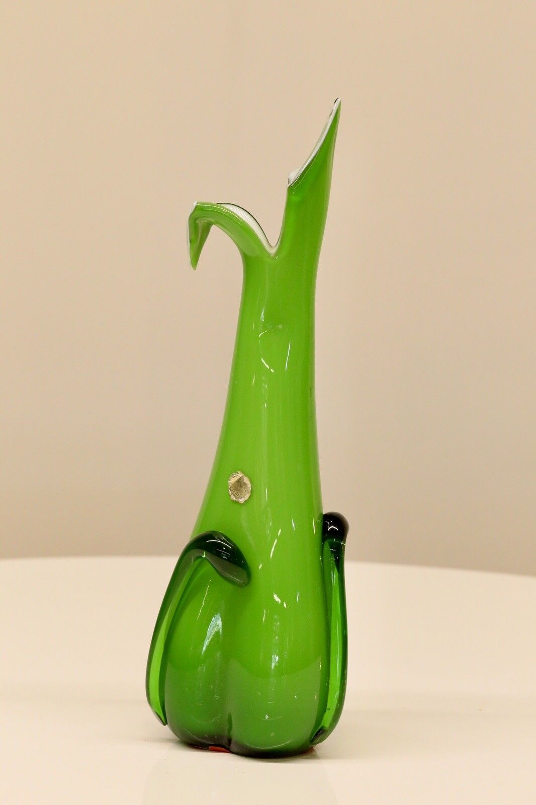 photo for sale Pair Cristalleria Fratelli Betti / Alrose Italian Empoli Green Art Glass Vases
