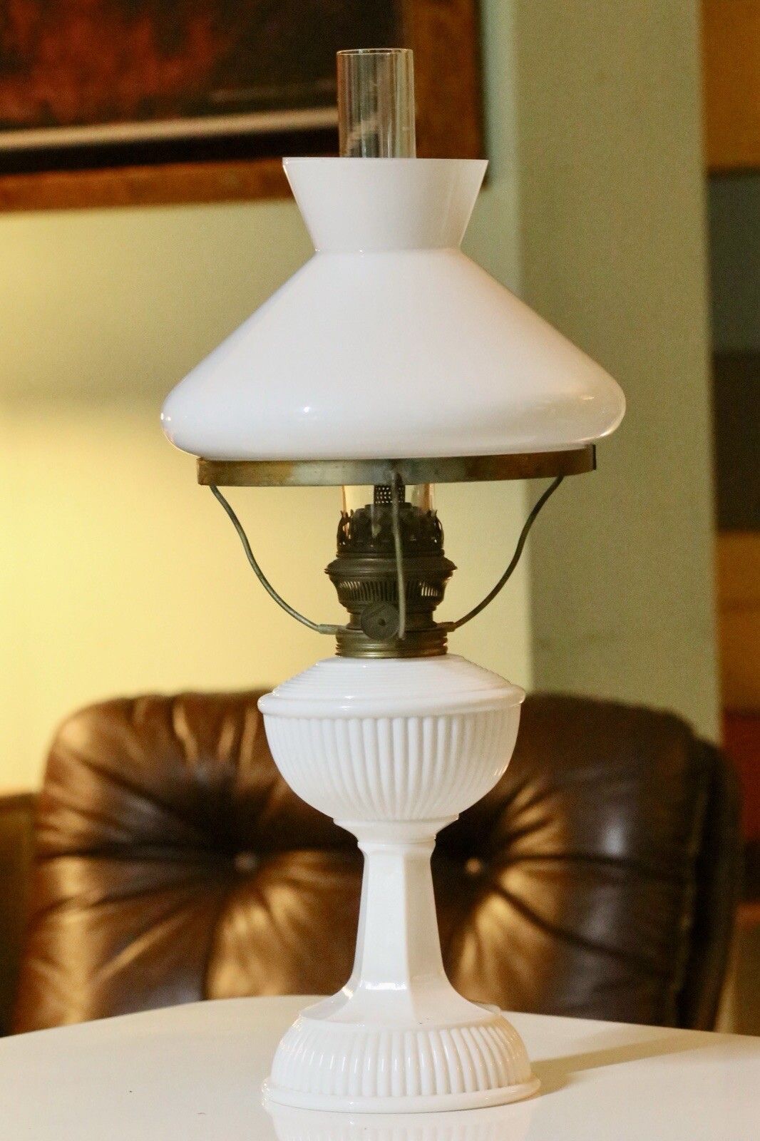 Fine Vintage Brass And Milk Glass Art Deco Oil Lamp