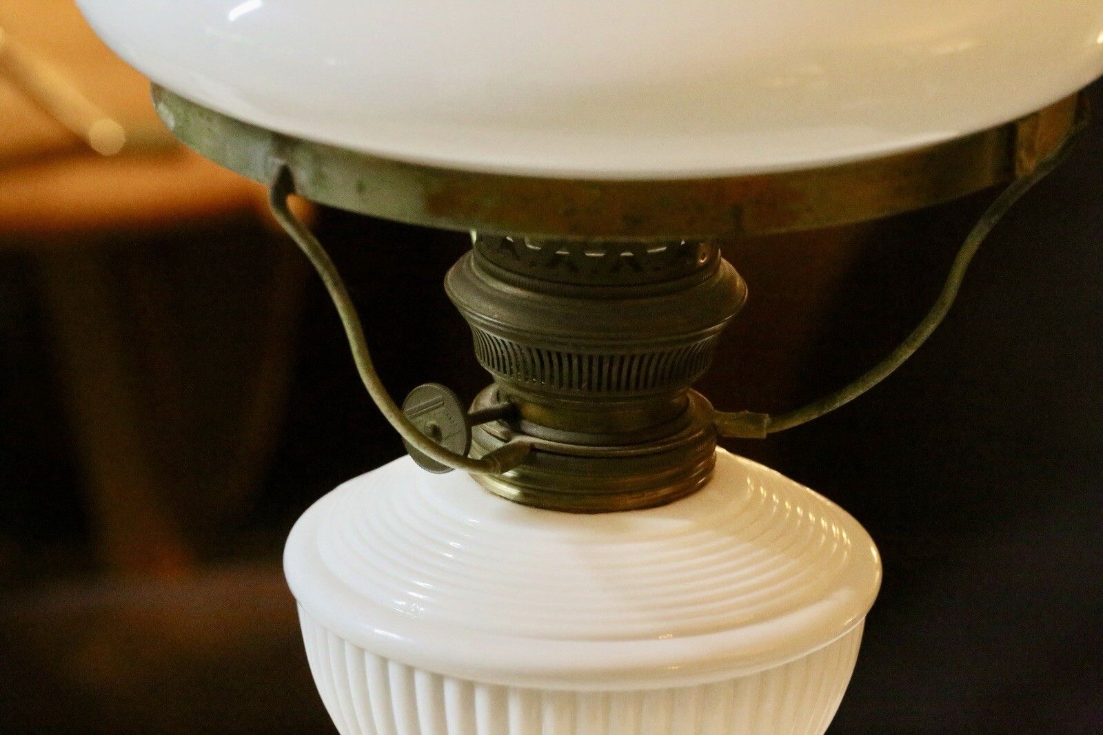 Fine Vintage Brass And Milk Glass Art Deco Oil Lamp photo vintage