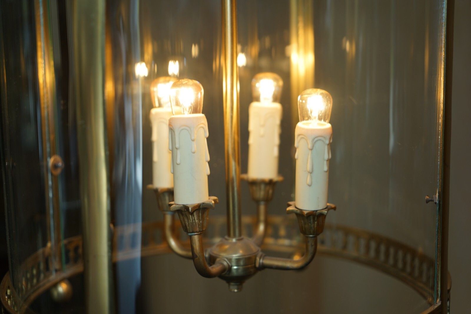Exquisite Circa 1940's English Polish Brass & Cylindrical Glass Hanging Lantern photo for sale