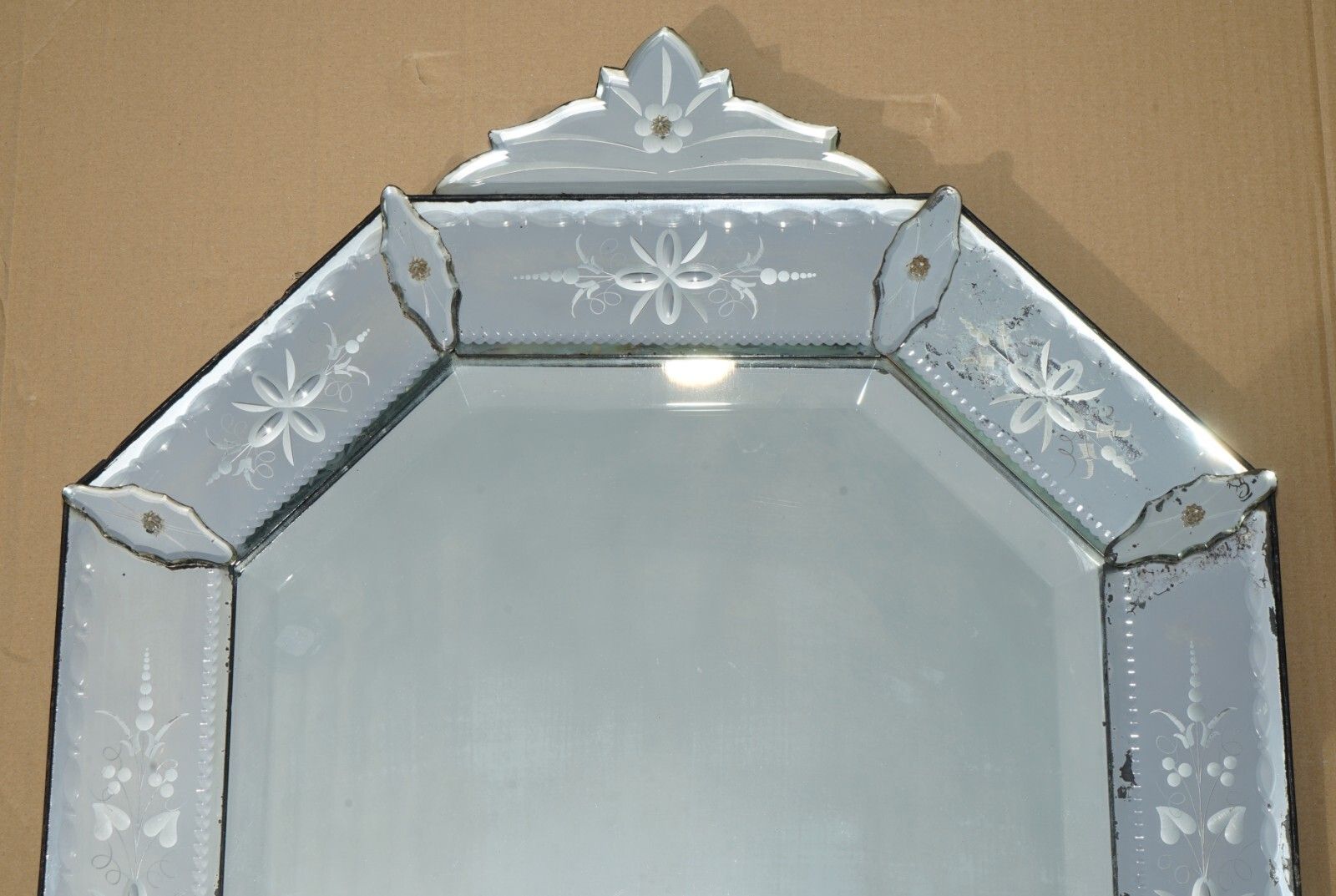 Stunning Antique Circa 1910 Venetian Etched Glass Cushion Shaped Wall Mirror photo furniture