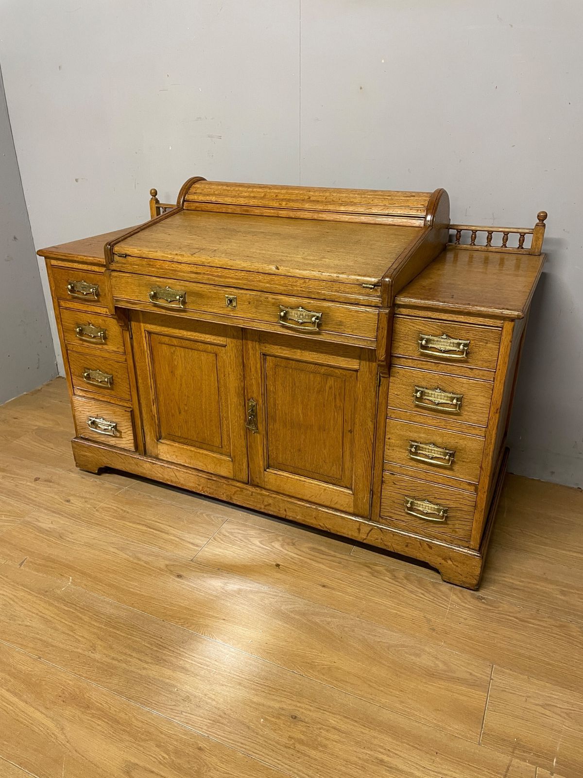 C19th Golden Oak Tambour Desk With Fitted Interior photo furniture