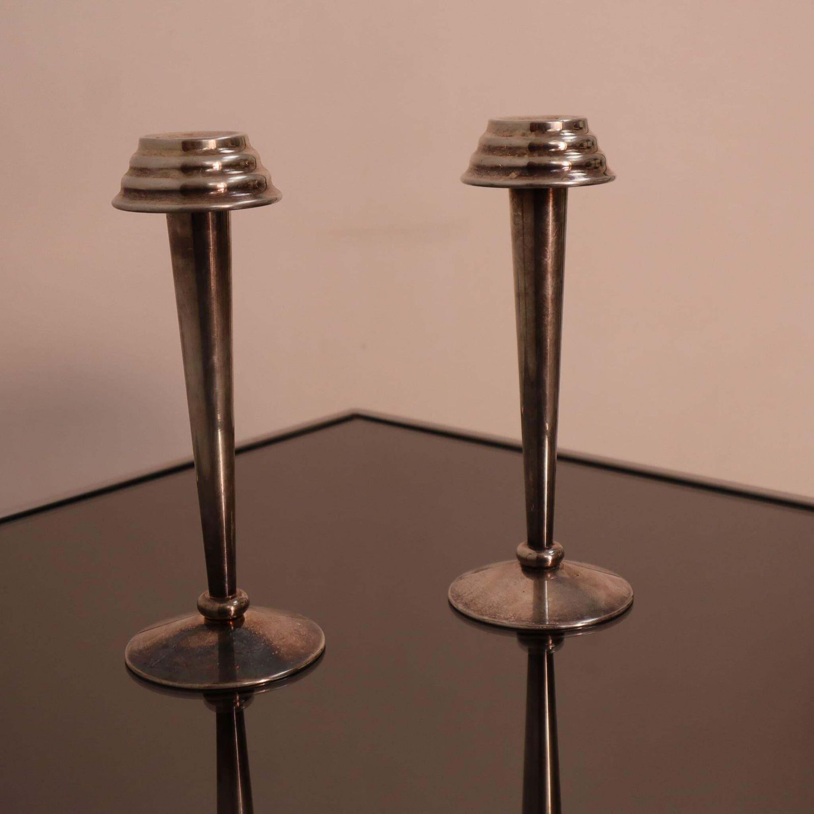 Art Deco Pair Of Nickel Plated Brass Candle Holders, Italy, 1930s photo for sale