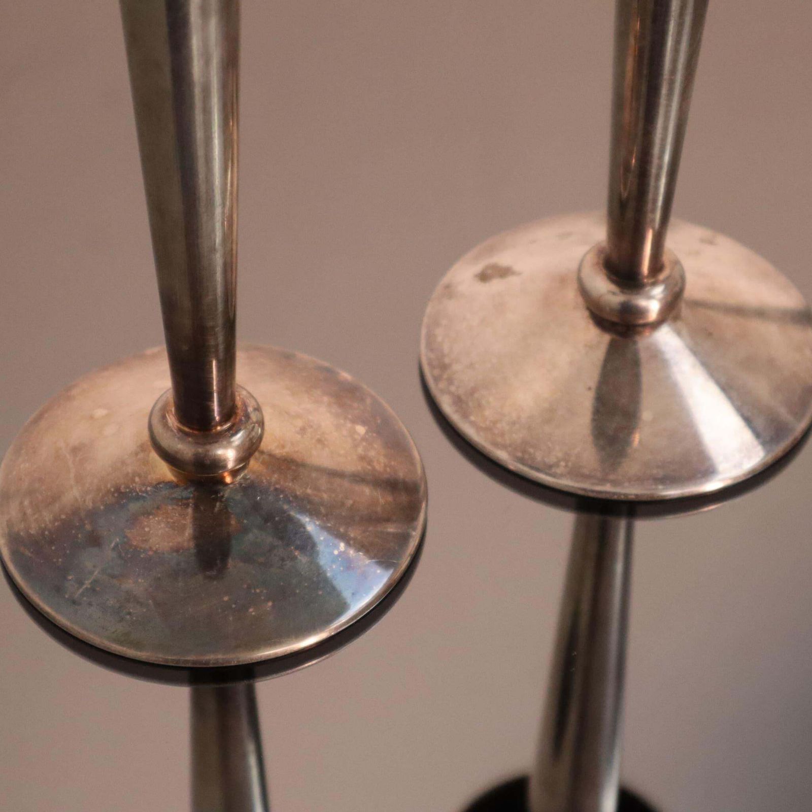 Art Deco Pair Of Nickel Plated Brass Candle Holders, Italy, 1930s photo vintage