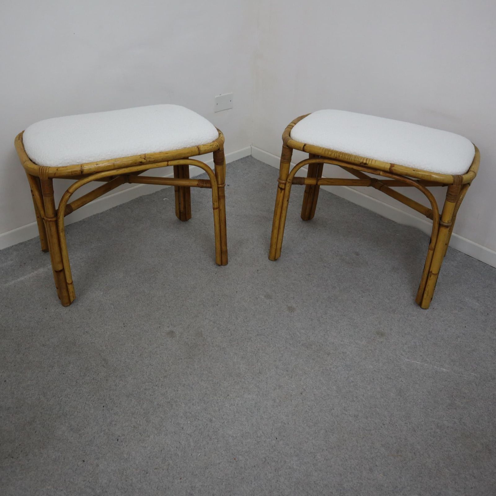 Pair Of Italian Rattan Bamboo Stool Fabric White Boucle From 1970s photo furniture