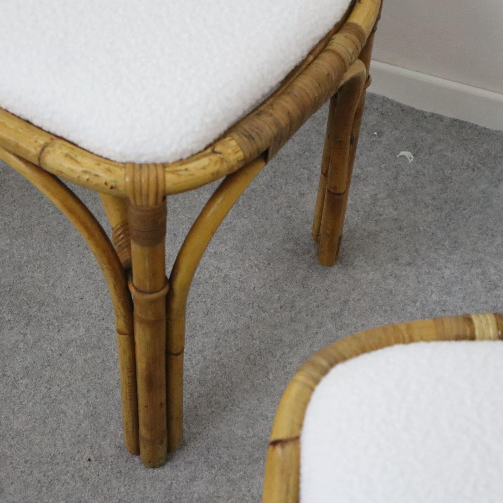 Pair Of Italian Rattan Bamboo Stool Fabric White Boucle From 1970s photo vintage