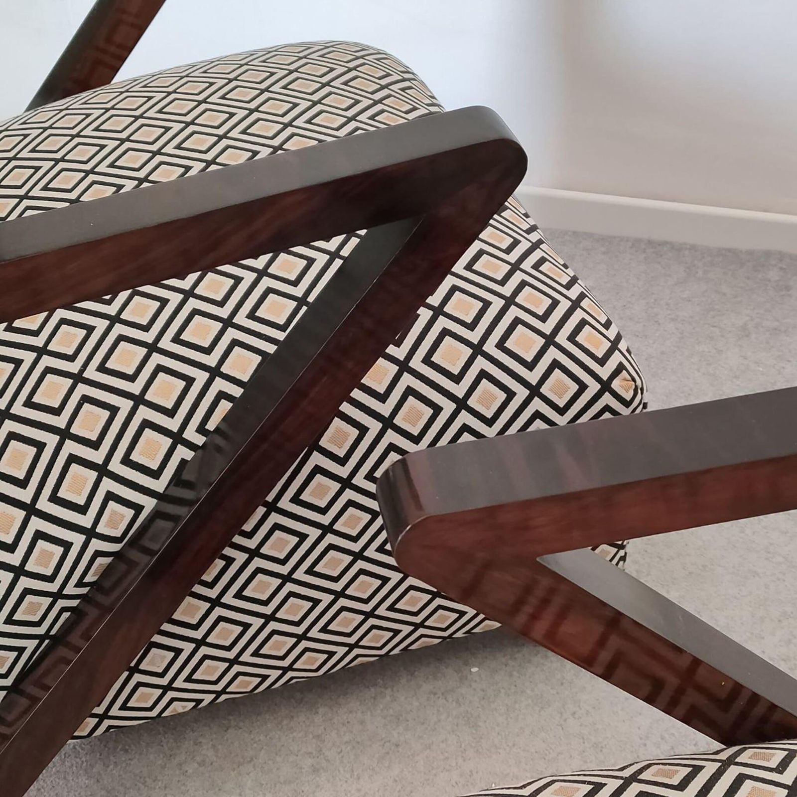 Pair Of Italian Art Deco Armchairs In Walnut And Geometric Fabric, 1930s photo vinterior