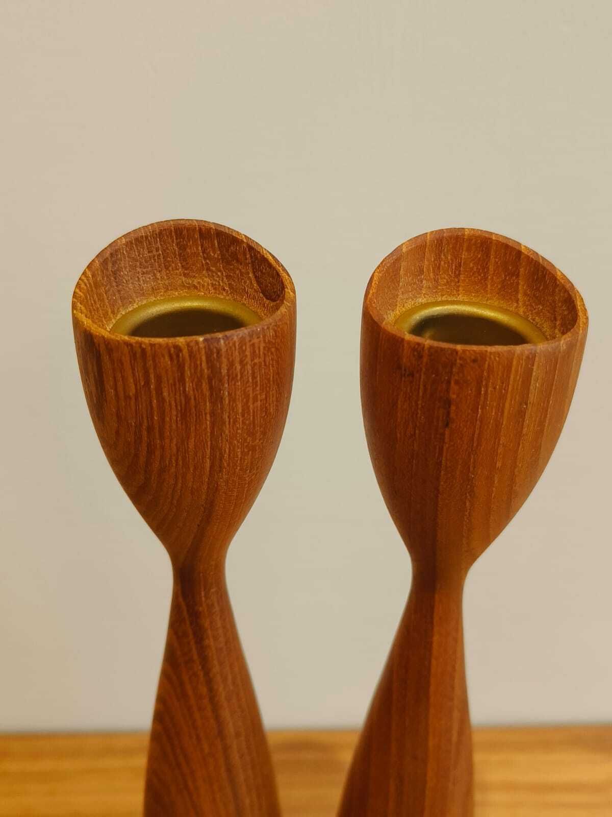 Pair Of Mid 20th Century Teak Tulip Shaped Candlesticks photo for sale