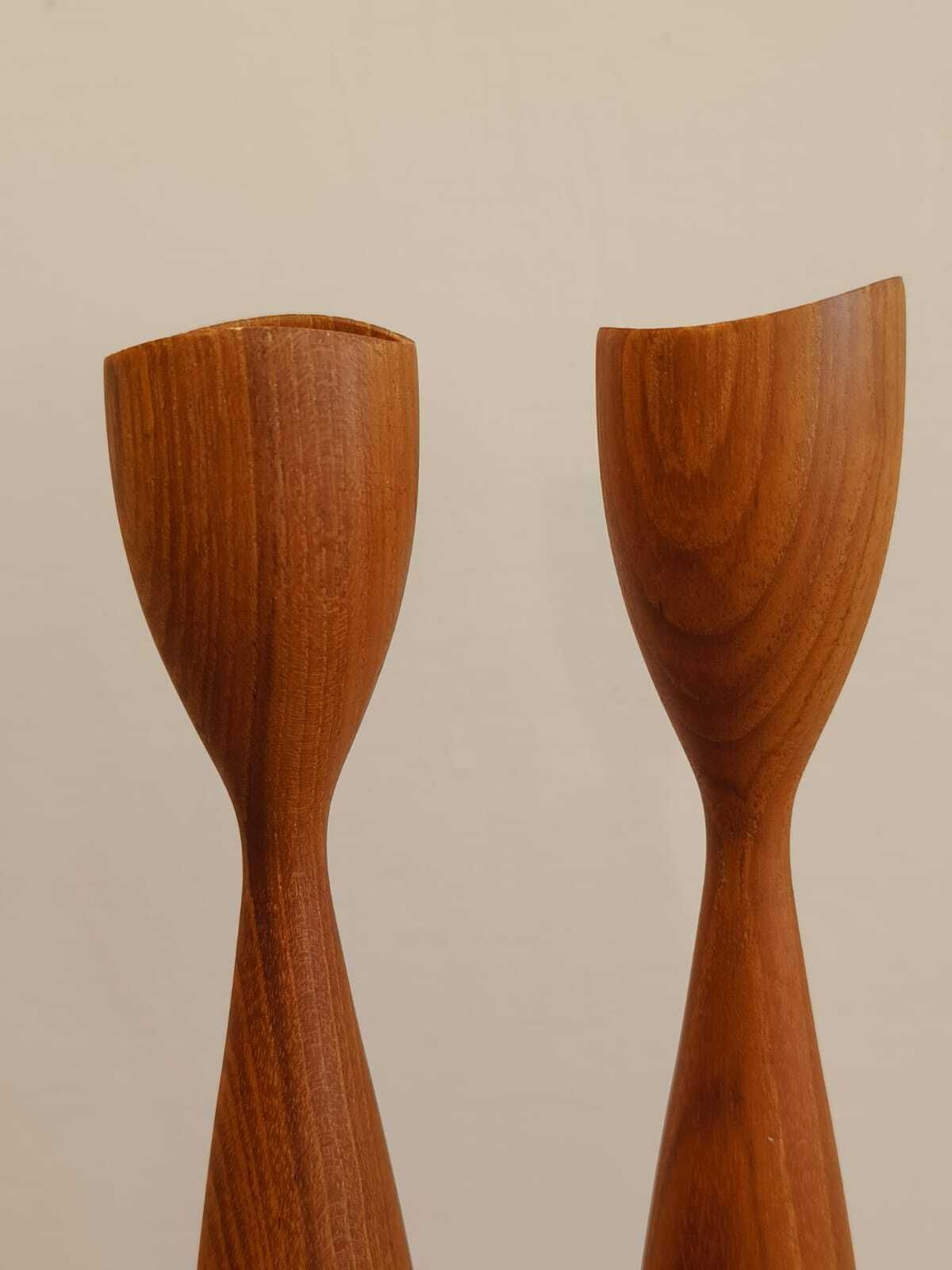 Pair Of Mid 20th Century Teak Tulip Shaped Candlesticks photo Home Decor