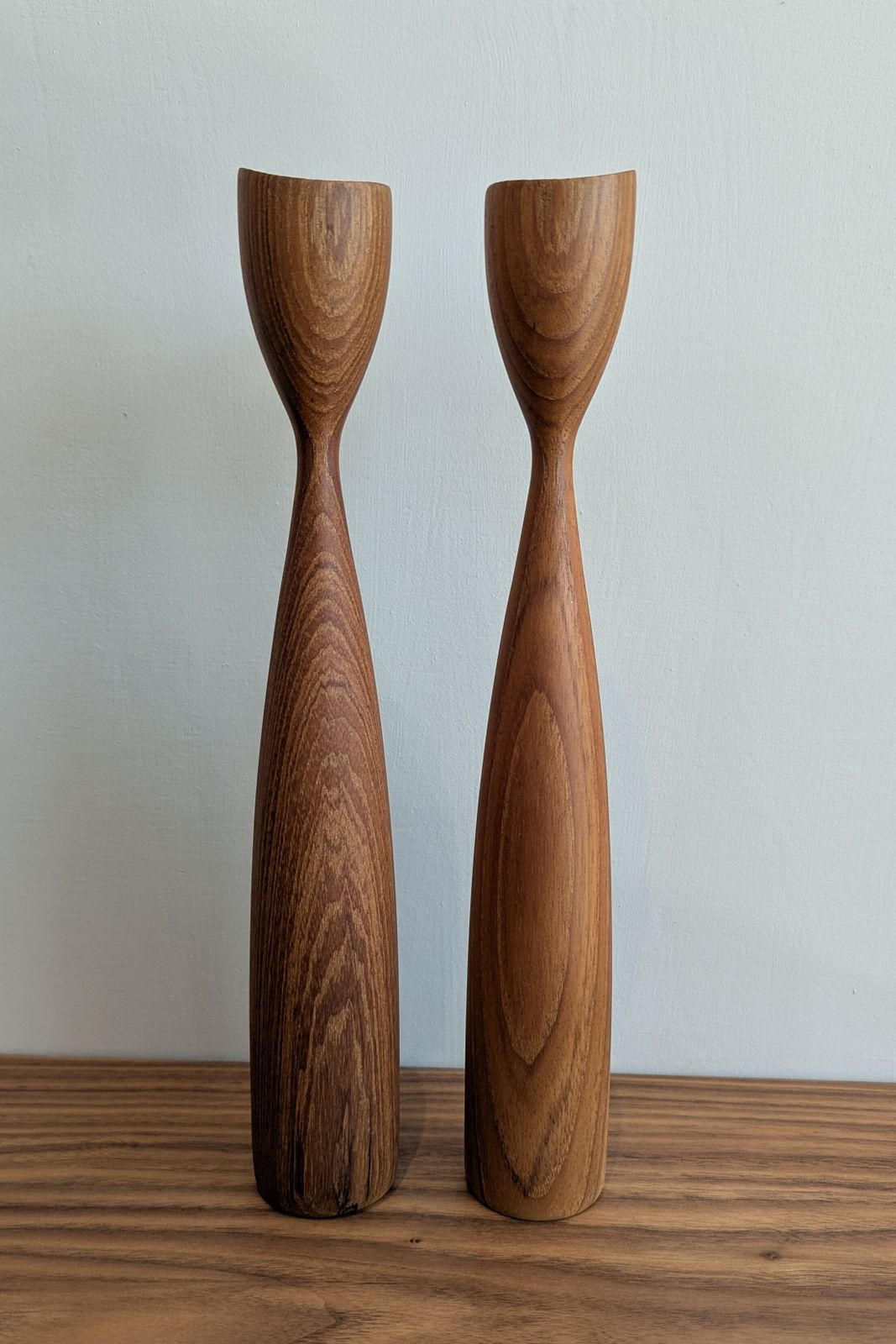 Pair Of Mid 20th Century Teak Tulip Shaped Candlesticks photo 190.0