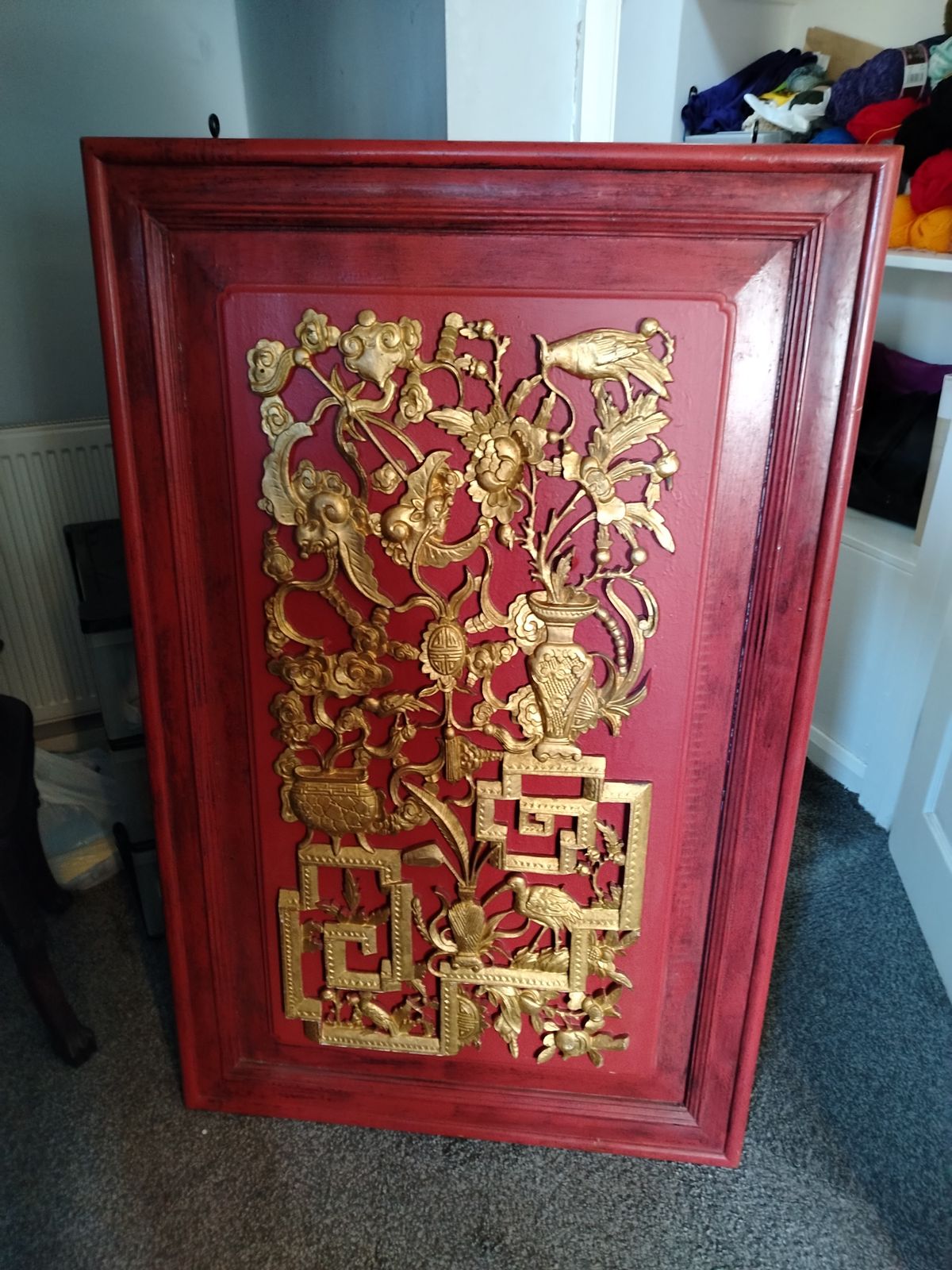 Large Lacquered Wood Chinese Plaque Decorated In Relief With Gilt Birds, Animals And Foliage