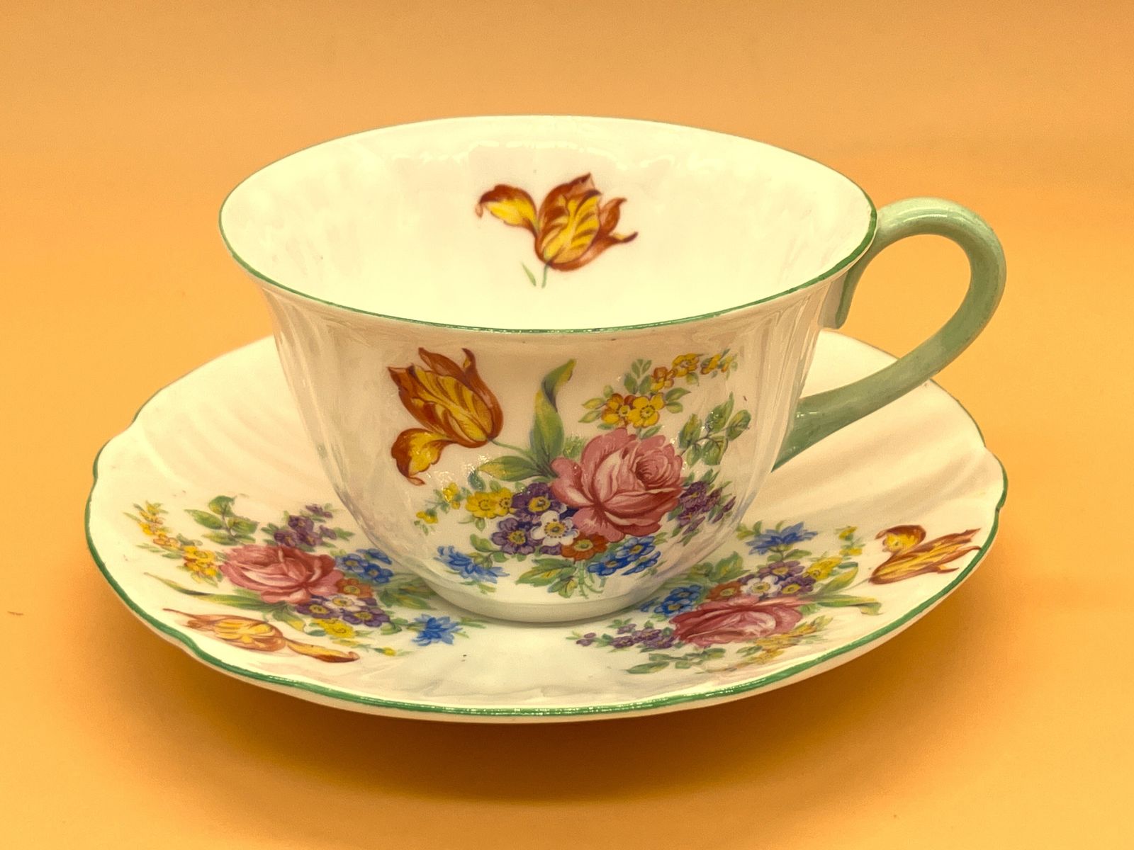 Vintage Shelley China Davies Tulip Green Trim Design Oleander Shape Cup And Saucer Duo. C1940. 2267.