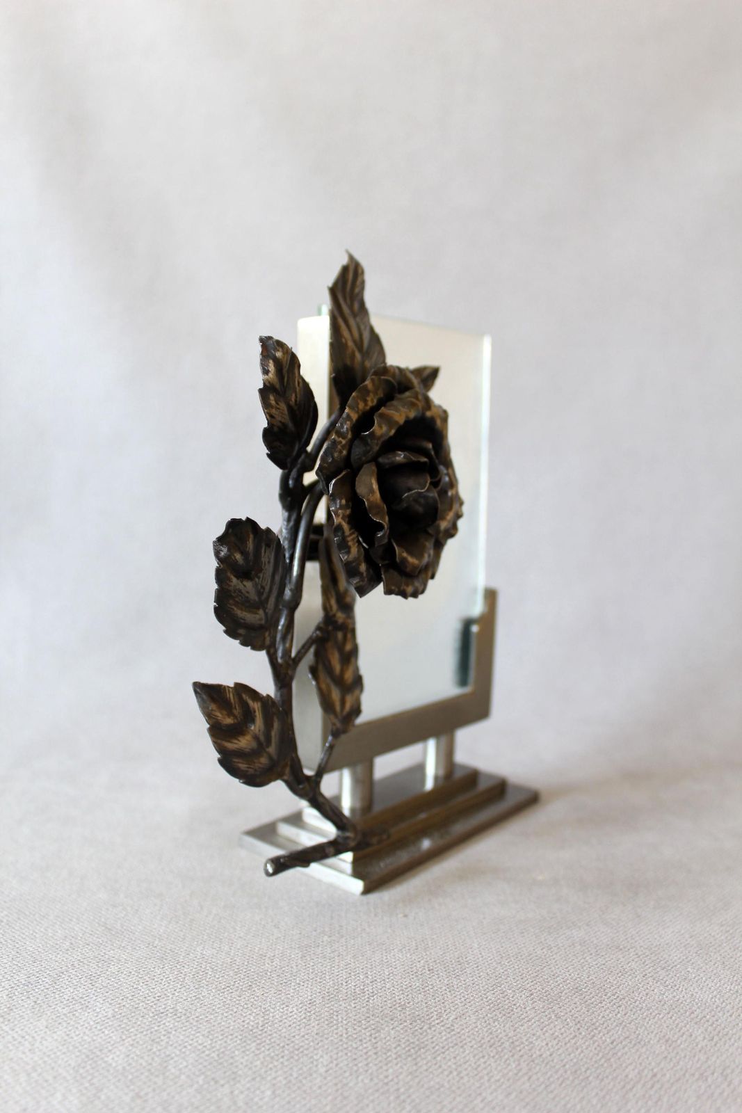 Vintage Art Deco Picture Frame, Forged 3d Rose Flower, Heavy Metal Iron Base, Two Glass Sheets, Table Photo Frame, Circa 1930s, Art Frame photo furniture