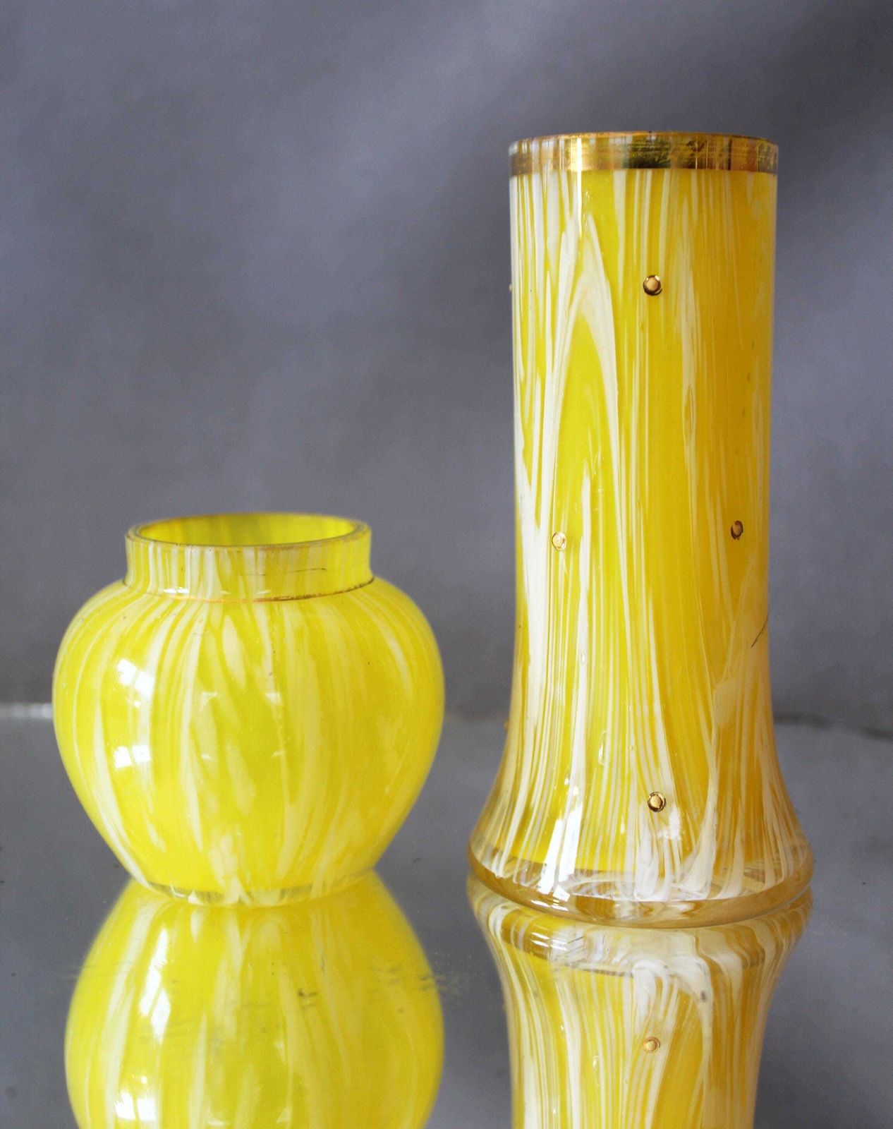 Antique 19th Century Set Of 2 Miniature Bohemian Lemon Yellow And White Spatter Glass Vases, Bud Vase, Bowl Vase, Gilt Decor, Frank Welz photo Home Decor