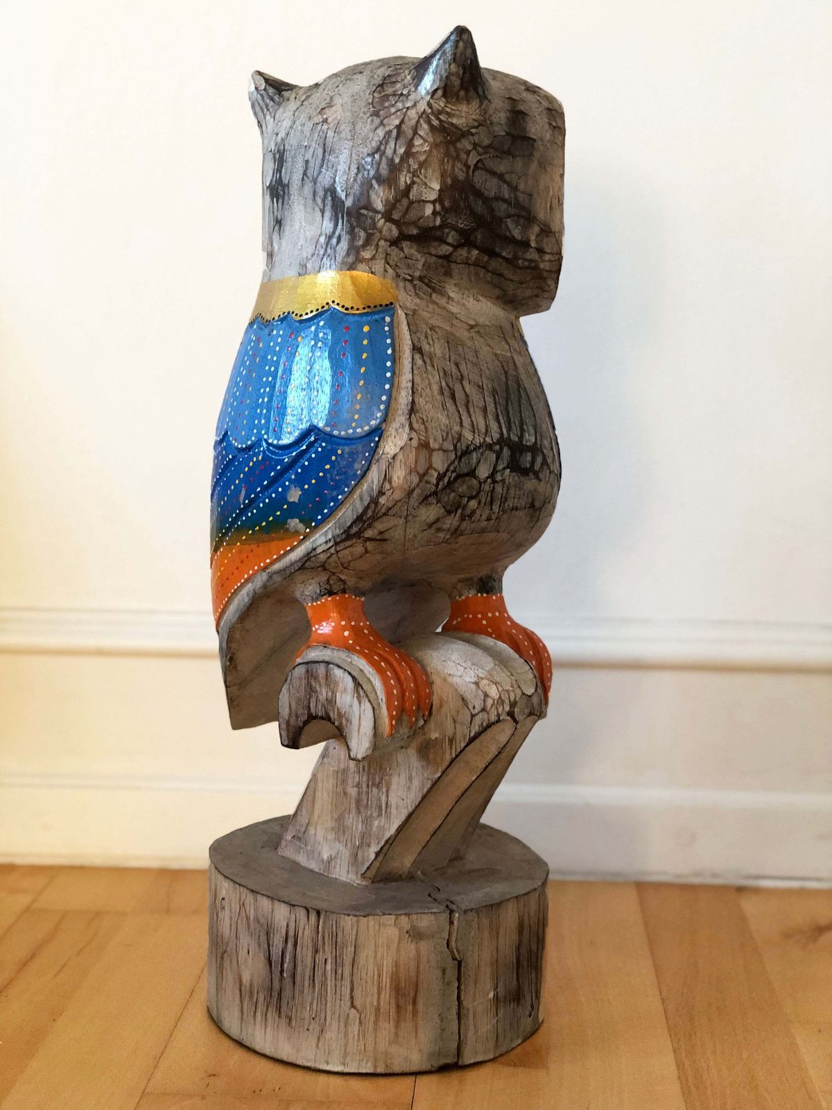 photo for sale Vintage Hand Carved Wooden Owl Sculpture Portugal