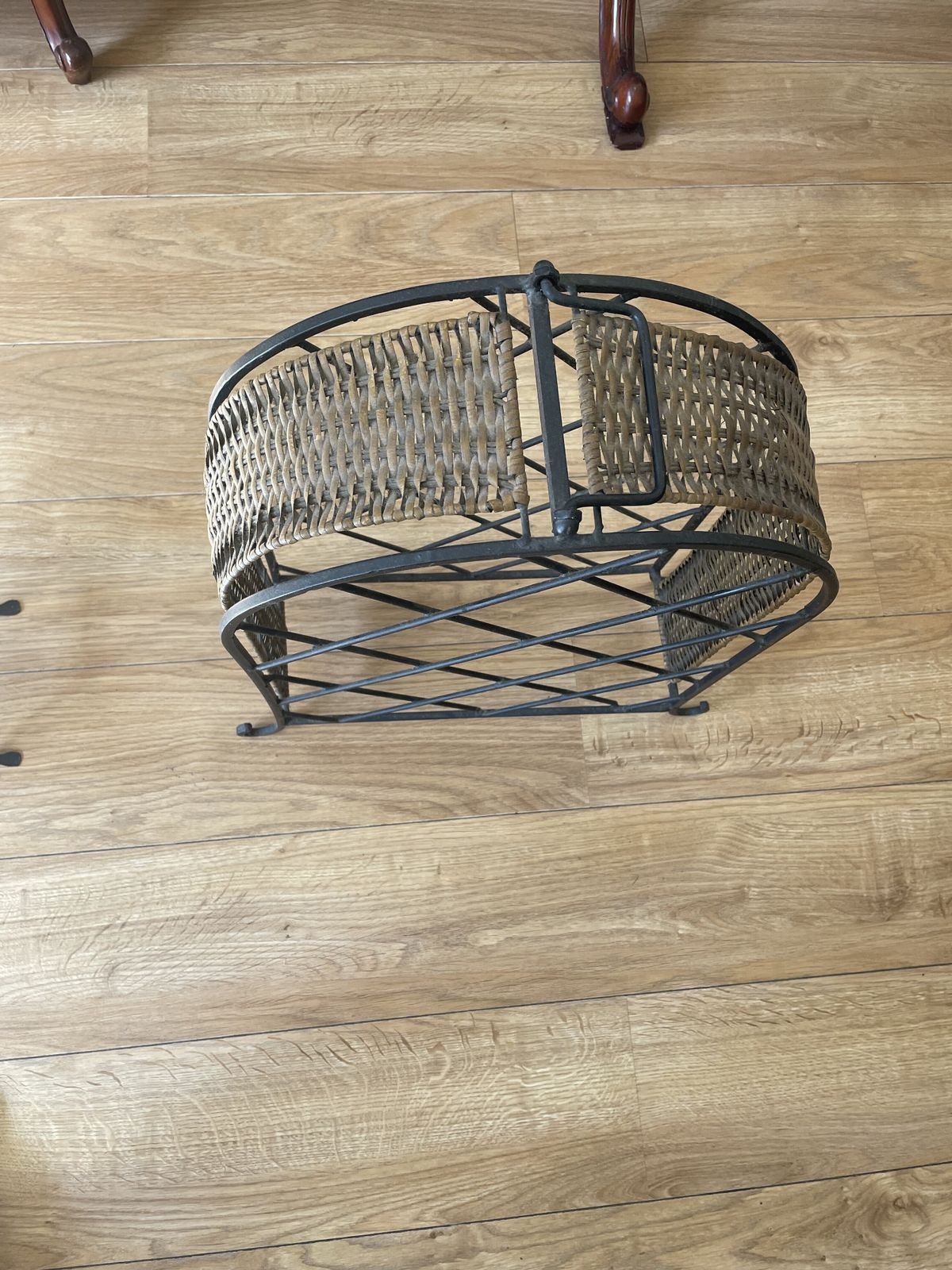 Pair Of Freestanding Wrought Iron And Rattan Floor Standing Wine Racks photo for sale