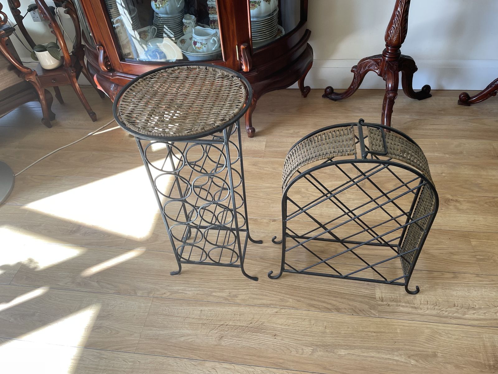 Pair Of Freestanding Wrought Iron And Rattan Floor Standing Wine Racks photo Furniture