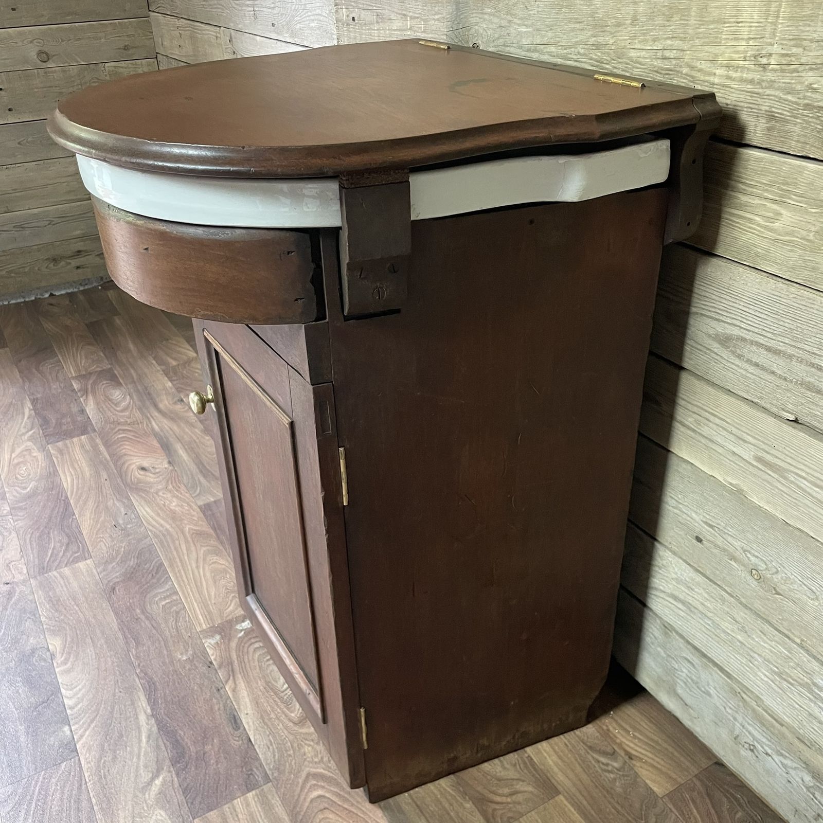 Antique Victorian Bow Fronted Mahogany Drop Flap Lid Ships Wash Stand Vanity Unit Basin photo for sale